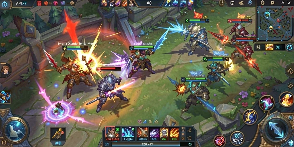 Screenshot utama API77 menampilkan aksi pertempuran seru dalam gameplay MOBA.