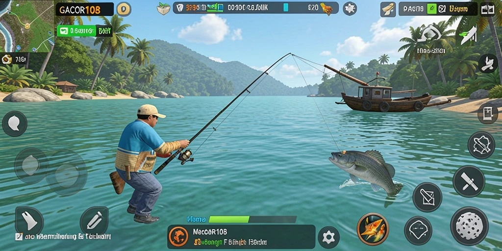 Screenshot GACOR108 menampilkan aksi seru saat memancing ikan.