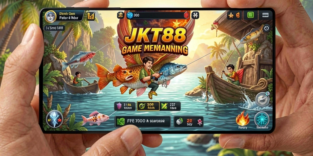 Tampilan gameplay JKT88 saat memancing di laut dengan berbagai ikan.