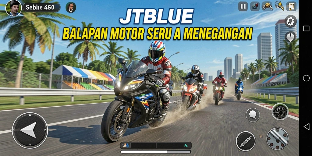 Screenshot JTBLUE menampilkan aksi balapan motor yang mendebarkan.