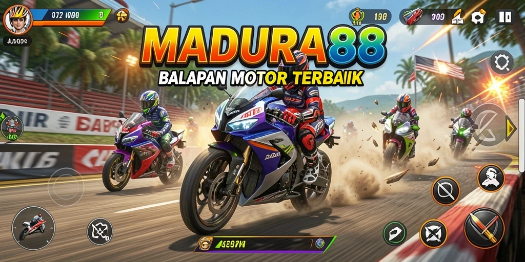 Tampilan gameplay seru dalam MADURA88 yang menampilkan balapan motor.