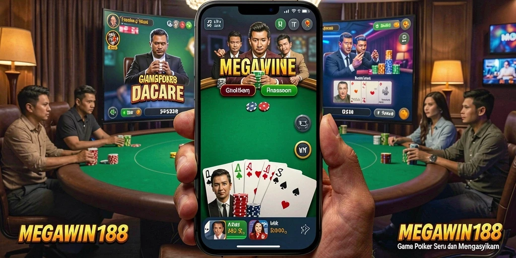 Screenshot utama MEGAWIN188 menampilkan gameplay Poker yang seru dan kompetitif.