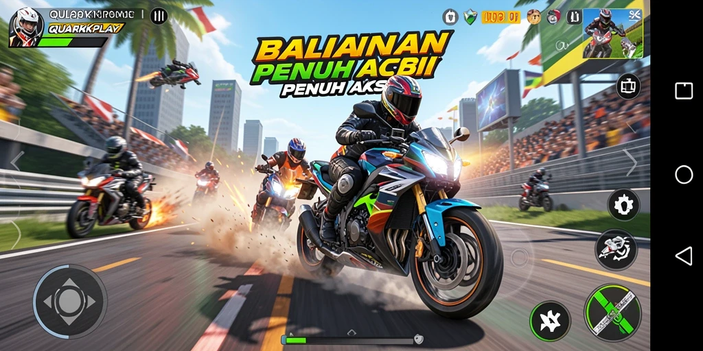 Tampilan gameplay seru dari balapan motor dalam QUARKPLAY.