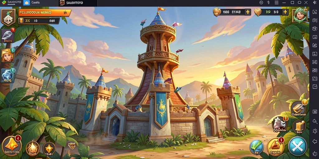 Screenshot gameplay <strong>SAUDITOTO</strong> yang menampilkan pertempuran menara yang intens.