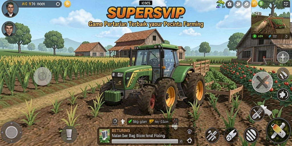 Tangkapan layar menunjukkan gameplay SUPERSVIP dengan kebun yang indah dan hewan yang bahagia.