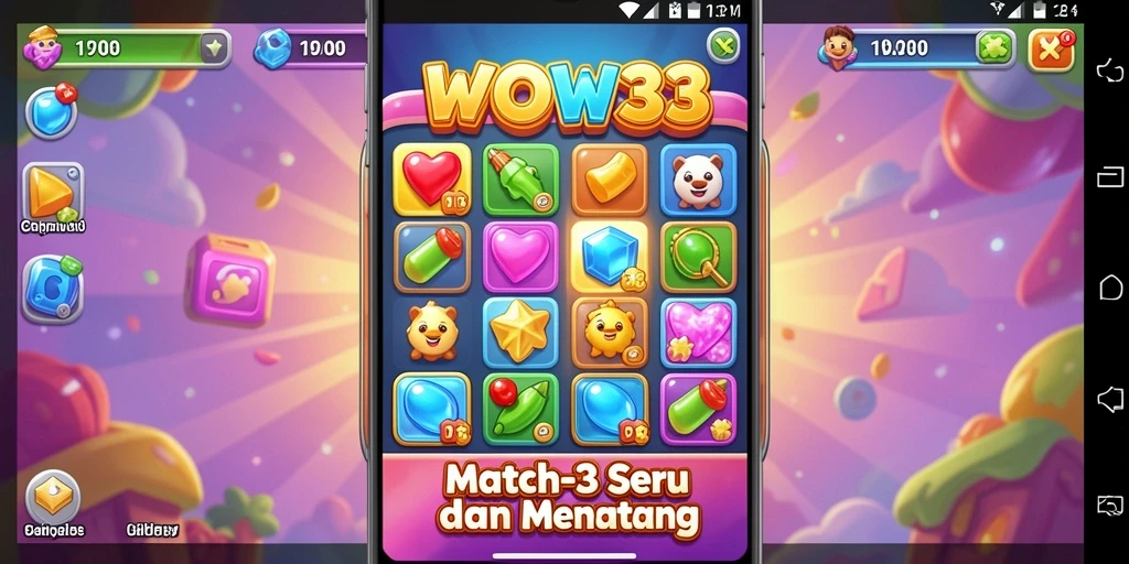 Screenshot gameplay WOW33 menampilkan kombinasi objek Match-3 yang berwarna-warni.