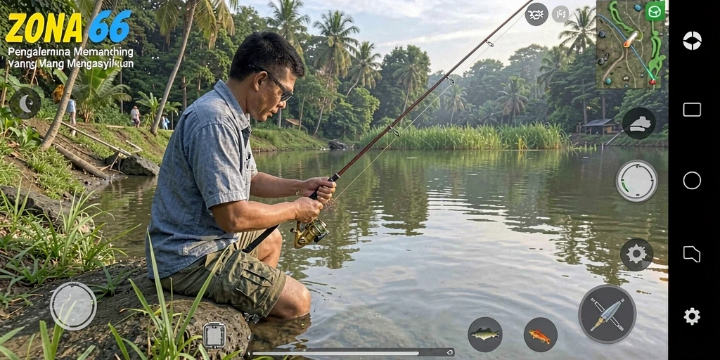 Screenshot gameplay ZONA66 menampilkan aktivitas memancing yang seru.
